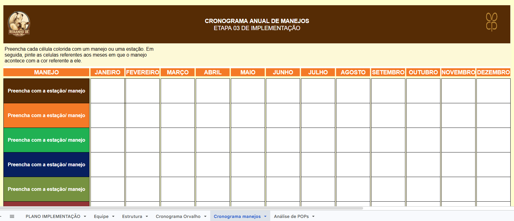 Planilha de cronograma anual de manejos